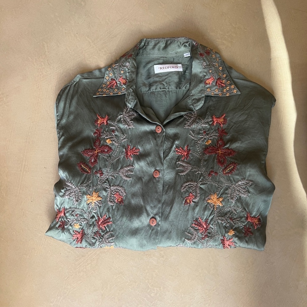 Olive Embroidered Button Down Silk Shirt